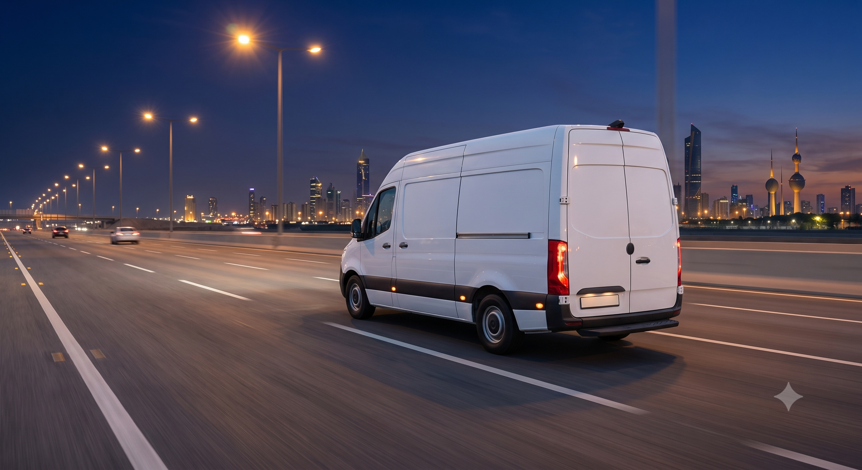 KUBA delivery van on the road at night
